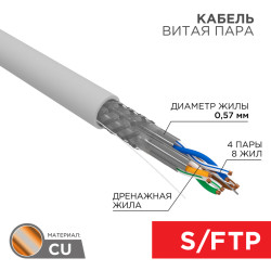 Кабель витая пара S/FTP, CAT 7, PVC, 4PR, 23AWG, INDOOR, SOLID, серый, 305 м, REXANT
