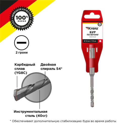 Бур по бетону 12x110x50мм SDS PLUS KRANZ