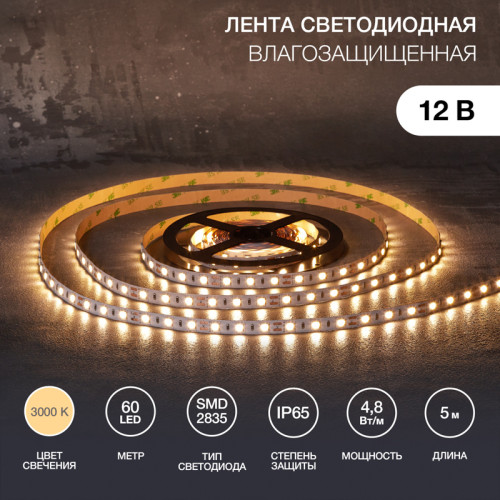 Лента светодиодная 12В, SMD2835, 4,8Вт/м, 60 LED/м, 3000К, 10мм, 5м, IP65 LAMPER