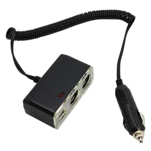 Разветвитель автоприкуривателя  2 гнезда 2хUSB (5 V 1000 mA) шнур спираль 1.5 м  REXANT