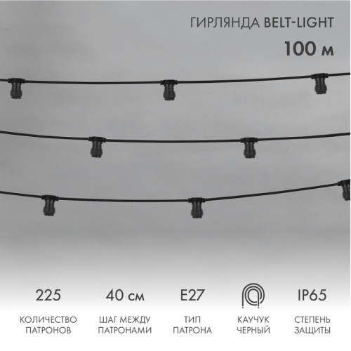 Гирлянда Belt-Light 2 жилы, 100м, шаг 40см, 225 патронов E27, IP65, черный провод NEON-NIGHT