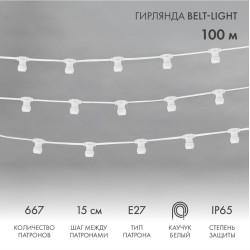 Гирлянда Belt-Light 2 жилы, 100м, шаг 15см, 667 патронов E27, IP65, белый провод NEON-NIGHT