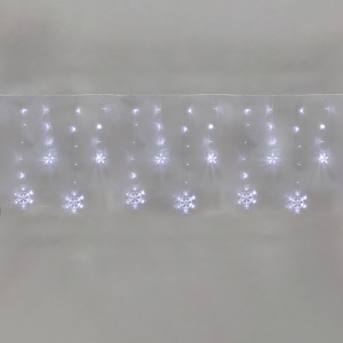Гирлянда Бахрома со снежинками 2,4х0,9м, 150LED БЕЛЫЙ, прозрачный ПВХ, IP20, свечение с динамикой, 230В, не соединяется, с контроллером 8 режимов
