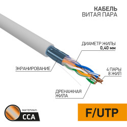 Кабель витая пара омедненный F/UTP, CCA, CAT 5, PVC, 4PR, 26AWG, INDOOR, SOLID, серый, 305м PROconnect Light